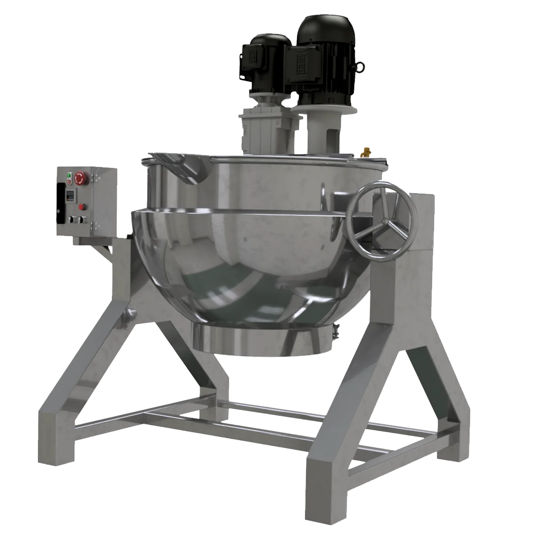 Marmita semiesférica volteo de 400L nominales 300L útiles calentamiento vapor con emulsificador