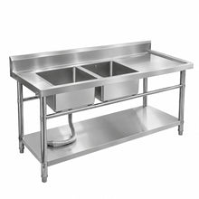 Doble Tarja con Mesa Desarmable de Acero Inoxidable 180x70x85cm con Entrepaño