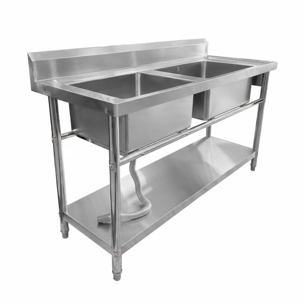 Doble Tarja con Mesa Desarmable de Acero Inoxidable 180x70x85cm con Entrepaño