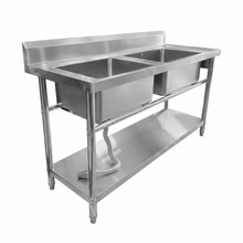 Doble Tarja con Mesa Desarmable de Acero Inoxidable 180x70x85cm con Entrepaño